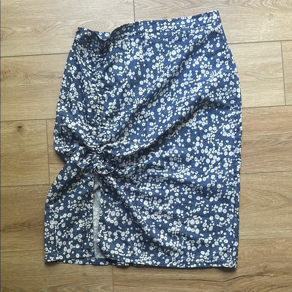Blue Drawstring Ruched Split Side Midi Skirt Floral
